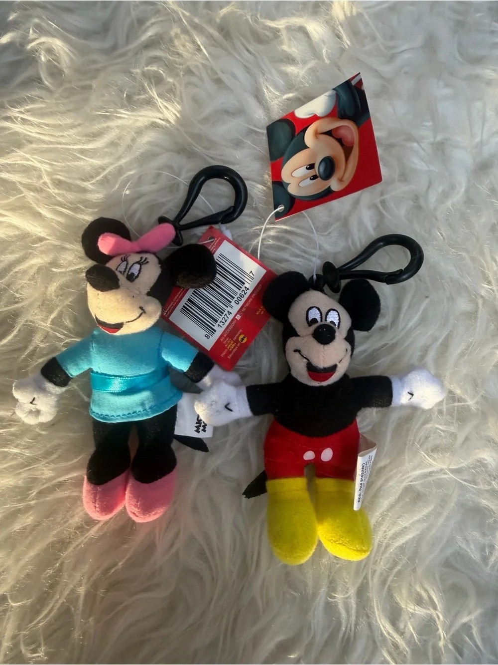 Vintage Mickey and Minnie Plush Keychain Set - Black, Red, Yellow, Blue, Pin